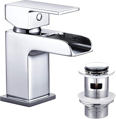 Funime Basin Taps Mixers with Pop-up Waste Chrome Square Monobloc G1/2 Hoses