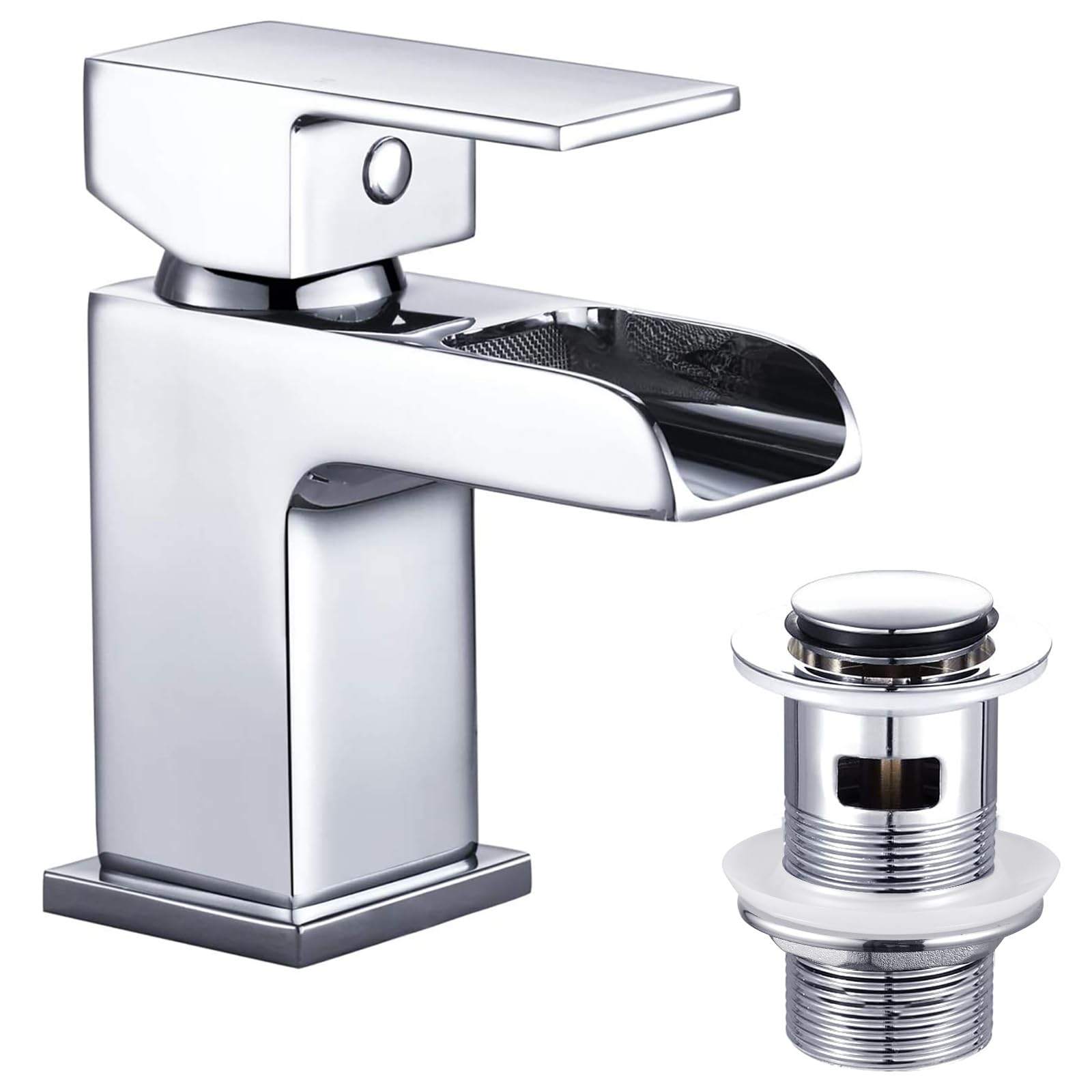 Funime Basin Taps Mixers with Pop-up Waste Slotted Waterfall Bathroom Sink Mixer Tap Square Modern Cloakroom Faucet Monobloc G1/2 Hoses Single Hole