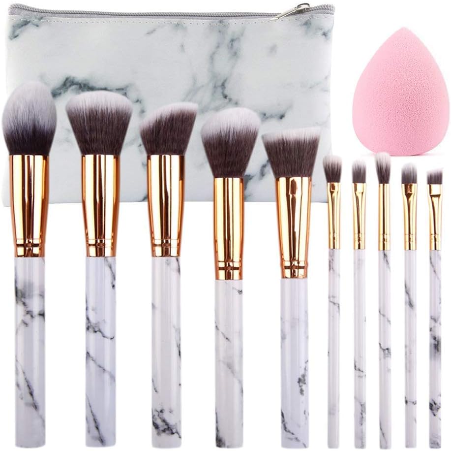 Makeup Brushes Set 10pcs Marble Kabuki Make Up Brush Professional Eyeshadow Foundation Blushing Cream Concealer Brown Bronzer Eyebrow Brush Kit Cosmetics Sponge Organizer Travel Case