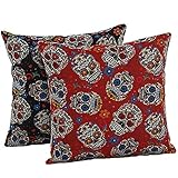 L&J.ART® 2 PCS 18'' Black & Orange Floral Mexican Skulls Day of the Dead Pillow Case Cushion Cover 2DS1