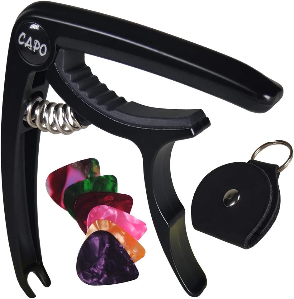 Guitar Capo for Acoustic and Electric Guitars Ukulele Mandolin Aluminum Metal Matte Black Trigger Capo with 6 Guitar Picks and Picks Holder Case
