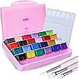 HIMI Gouache Paints set with 3 Paint Brushes, 24 Colors, 30g, Jelly Cup Design Non Toxic Paint for Canvas and Paper, Art Supplies for Professionals (Pink Case)