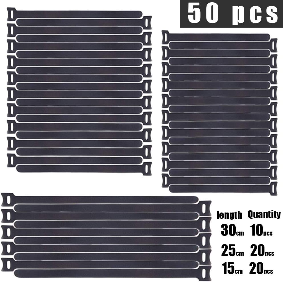 Gancho y bucle correas,50Pcs Ataduras de Cable, Cable Correas Set, Reutilizables Cable Ties, Gancho Bucle Correas, Cable Organizador, 3 Tamaños Diferentes (30cm, 20cm, 15cm) –– Negro