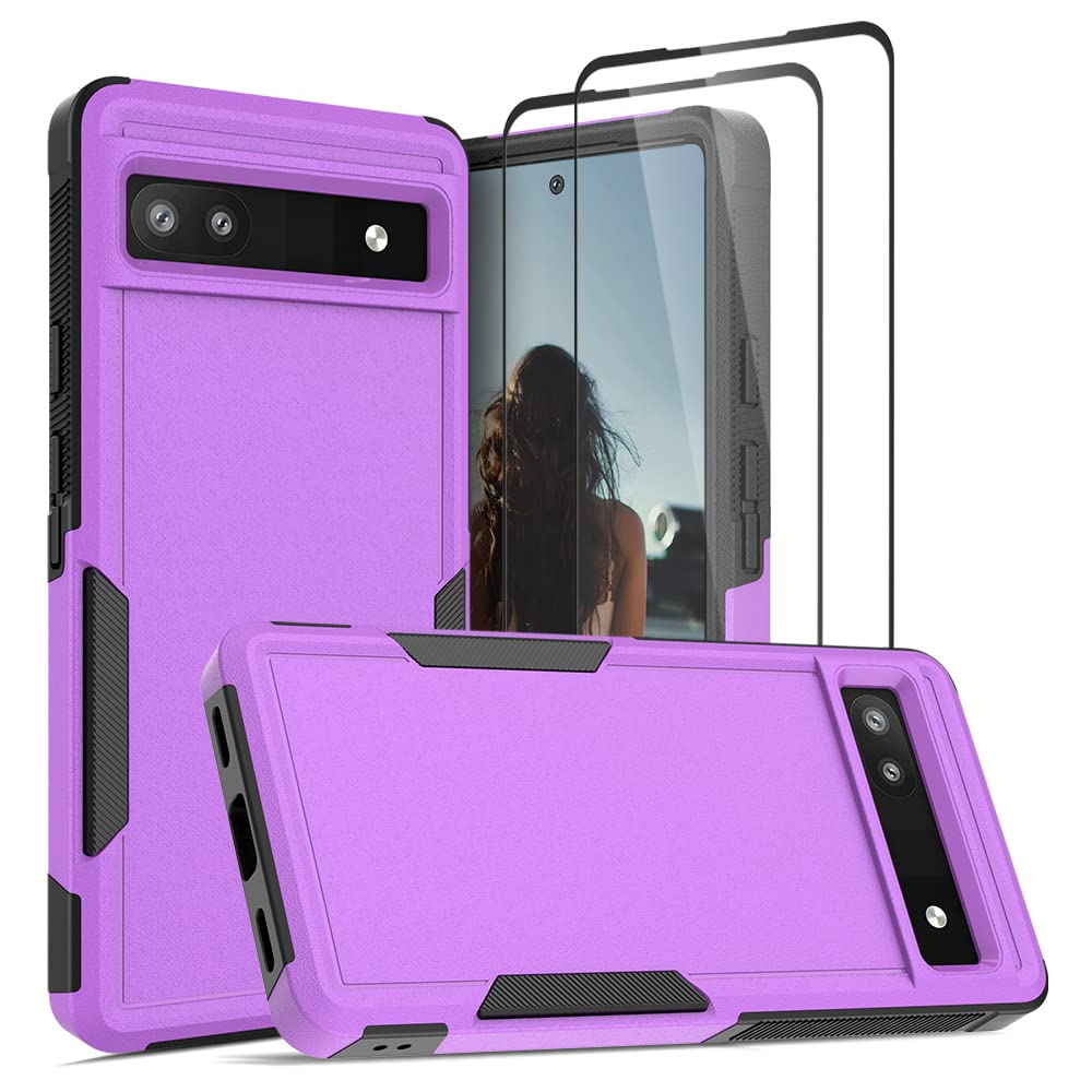 Jeylly for Google Pixel 6A Case and [2 Pack] Tempered Glass Screen Protector, Heavy Duty Shockproof Anti Scratch Durable Cover Wireless Charging for Google Pixel 6A 5G, Purple — image 1