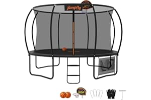 Jumpfly Tranpoline Outdoor Tranpoline for Kid with Basketball Hoop 8/10/12/14FT Recreational Tranpoline with Enclosure Net Dual-color Pad Quick Easy Assembly ASTM Certified Big Tranpoline for Backyard