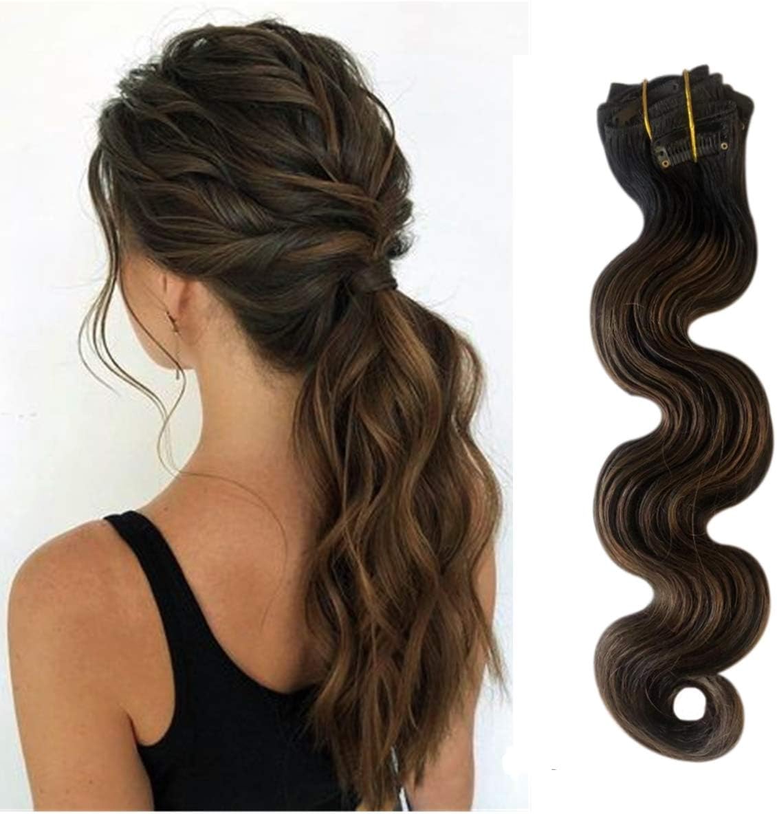 Munx Short 14 Inch Wavy Clip in Human Hair Extensions Hightlights Natural Black to Chestnut Brown Double Weft Seamless Clip on Real Hair Extension Body Wave 100g 8 Pieces Full Head Clip ins for Women