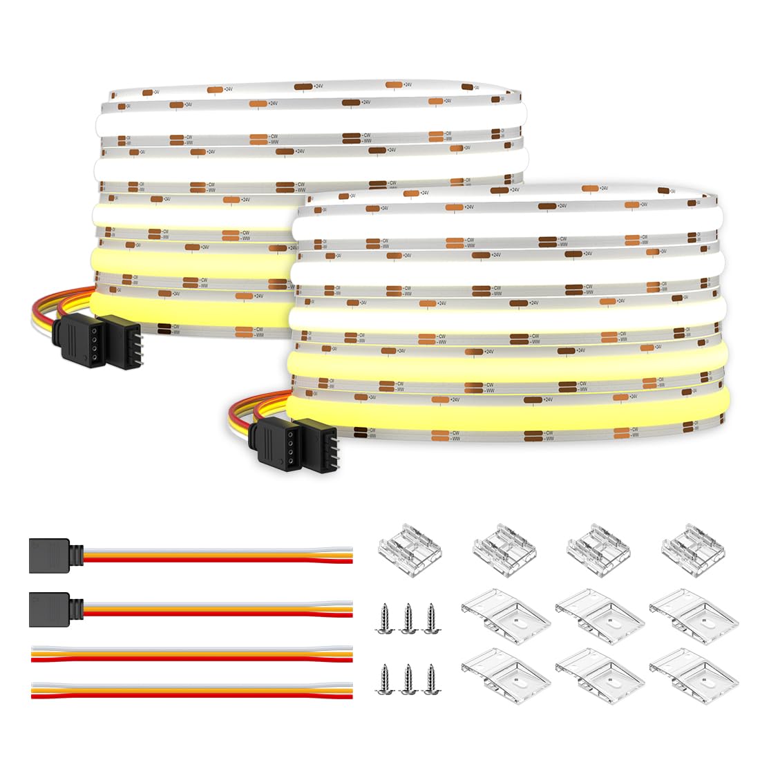 BTF-LIGHTING COB CCT Flexible High Density FCOB LED Strip 10M(2x5M) 640LEDs/m Tunable 3000K-6000K CRI＞90 Dimmable Deformable LED Light Ribbon IP30 DC24V(Only LED Strip)