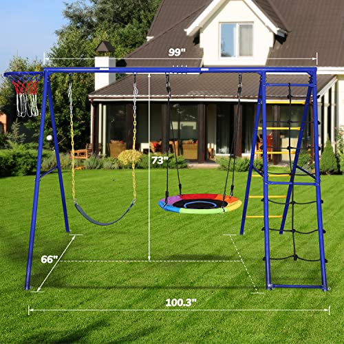 Hapfan 440lbs Metal Swing Sets for Backyard with Heavy Duty Swing Frame