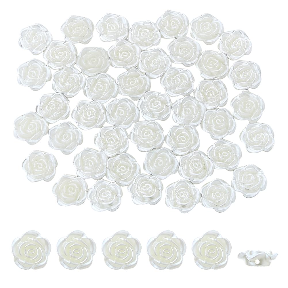 DICOSMETIC 200pcs ABS Plastic Flower Beads White Rose Flower Bead Imitation Pearl Beads Floral Bead for DIY Necklace Bracelet Earrings Jewelry Making, Hole: 1.5mm