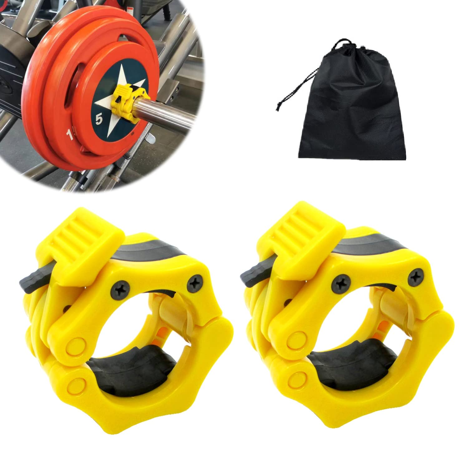 Barbell Clamps Olympic Bar Collars 2 Inch Quick Release Barbell Lock Clamp Locking Standard Bar Weight Plates Collar Clips for Workout Weightlifting Fitness Training Bodybuilding-Yellow