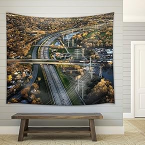 Aerial View of Interstate and Railroad in Chicago, Illinois. - Fabric Wall Tapestry Home Decor - 51x60 inches