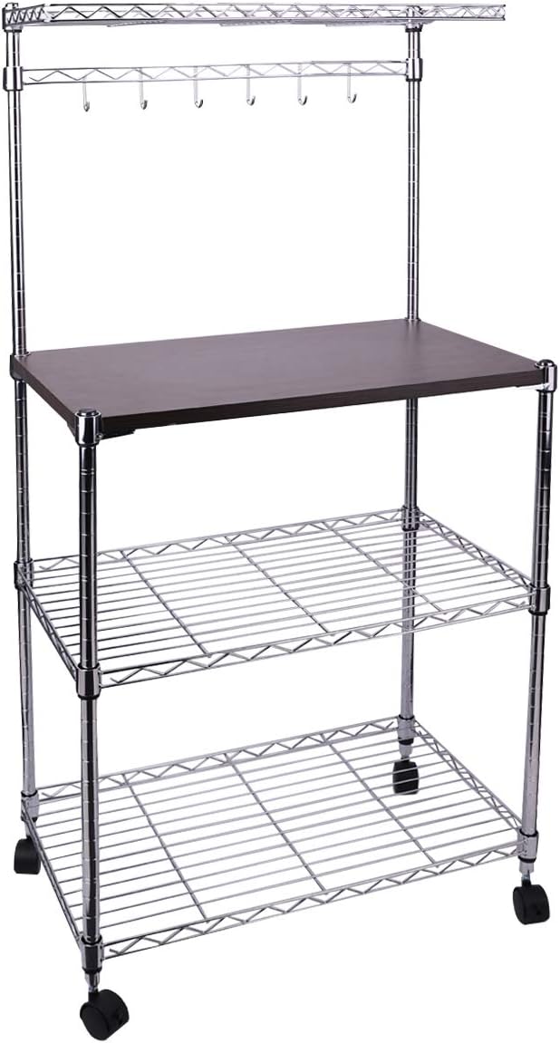 SEEKAVAN 4-Tiers Kitchen Storage Rack, 14×24×49 in. Microwave Backers Cart, Adjustable Oven Holder Vintage Cookware Gathering Shelf Organizer with Hooks and Lockable Rolling Wheels
