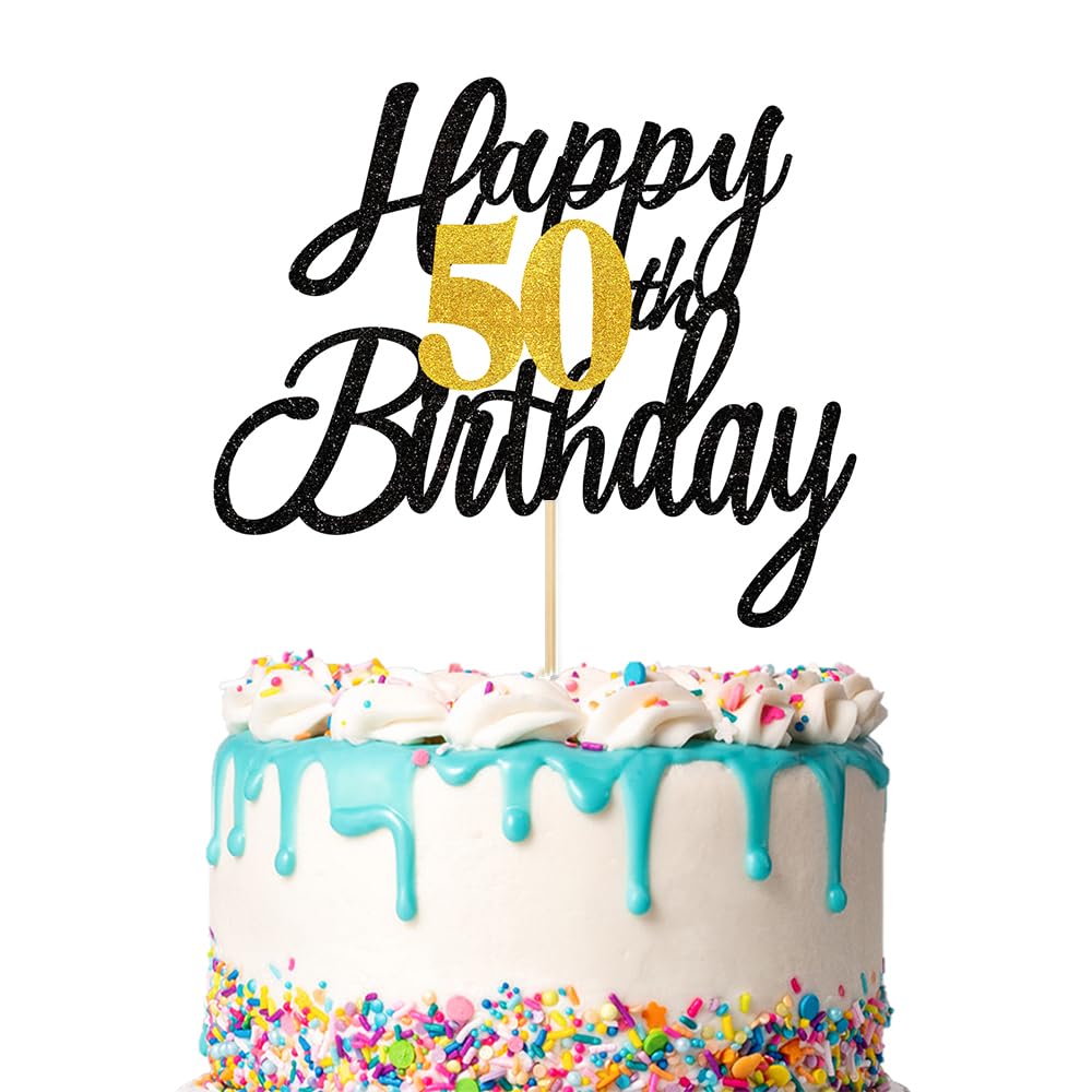 Photo 1 of 1 PCS Happy 50th Birthday Cake Topper Black Gold Glitter, Happy 50th Birthday Party Cake Decorations for Women & Men