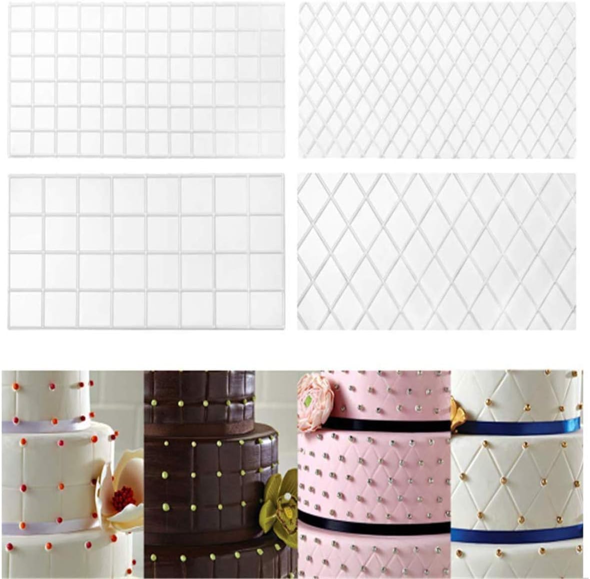 Fyuan Plastic lmprint Mat Set for Cake Decoration Quilt and Square Patterns, Set of 4