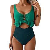 B2prity Womens One Piece Swimsuit Tummy Control Ruffled Bathing Suit V Neck Cutout Swim Suit Tie Back Swimwear