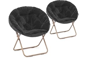 Athena Collection Comfy Saucer Chair Folding Cozy Chair for Bed Room Living Room Accent Chair Faux Fur Reading Chair Foldable Metal Frame Lazy Chair Moon Chair for Adult Set of 2, Black