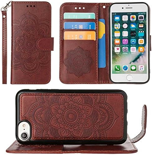 CellularOutfitter iPhone 6/6s/7 Leather Wallet Case Mandala Embossed - Includes Detachable Matching Case and Wristlet - Brown
