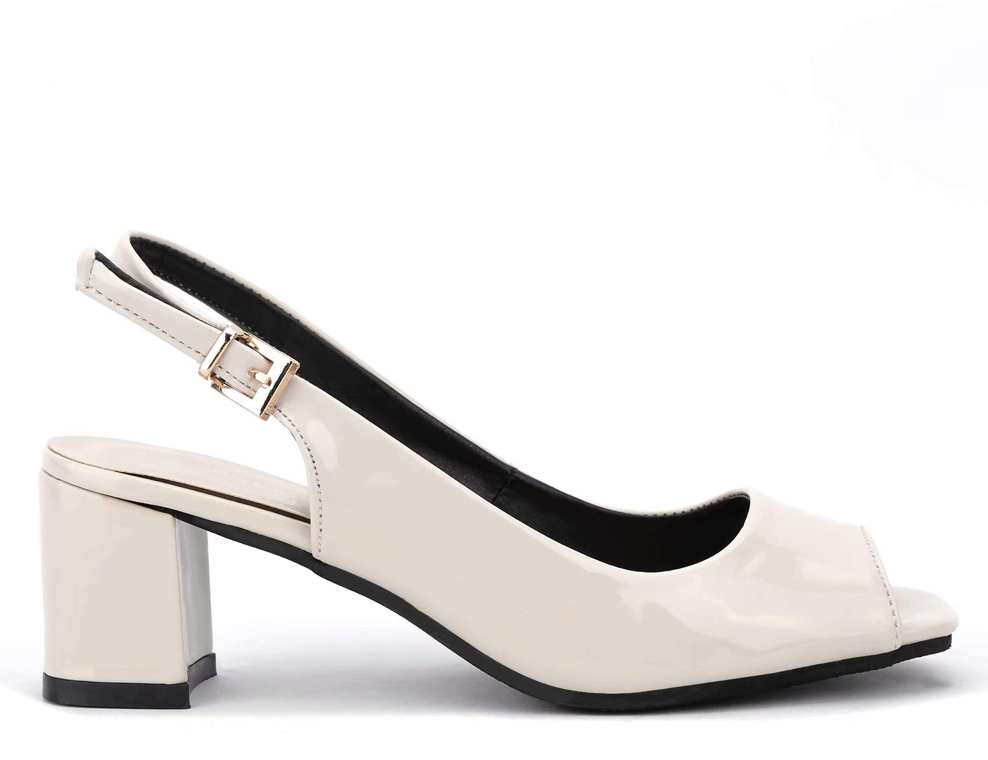 Greatonu Womens Low Chunky Heels Slingback Peep Toe Court Shoes Wedding Party Dress Slip On Sandals Beige - Image 3