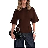Verdusa Women's Half Sleeve Cinched Waist Tops Business Casual Crew Neck T Shirts