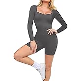 Popilush Long Sleeve Jumpsuit for Women Athletic Romper Ribbed Full Workout Bodysuit Shorts Yoga Sweetheart Neck Body Suits