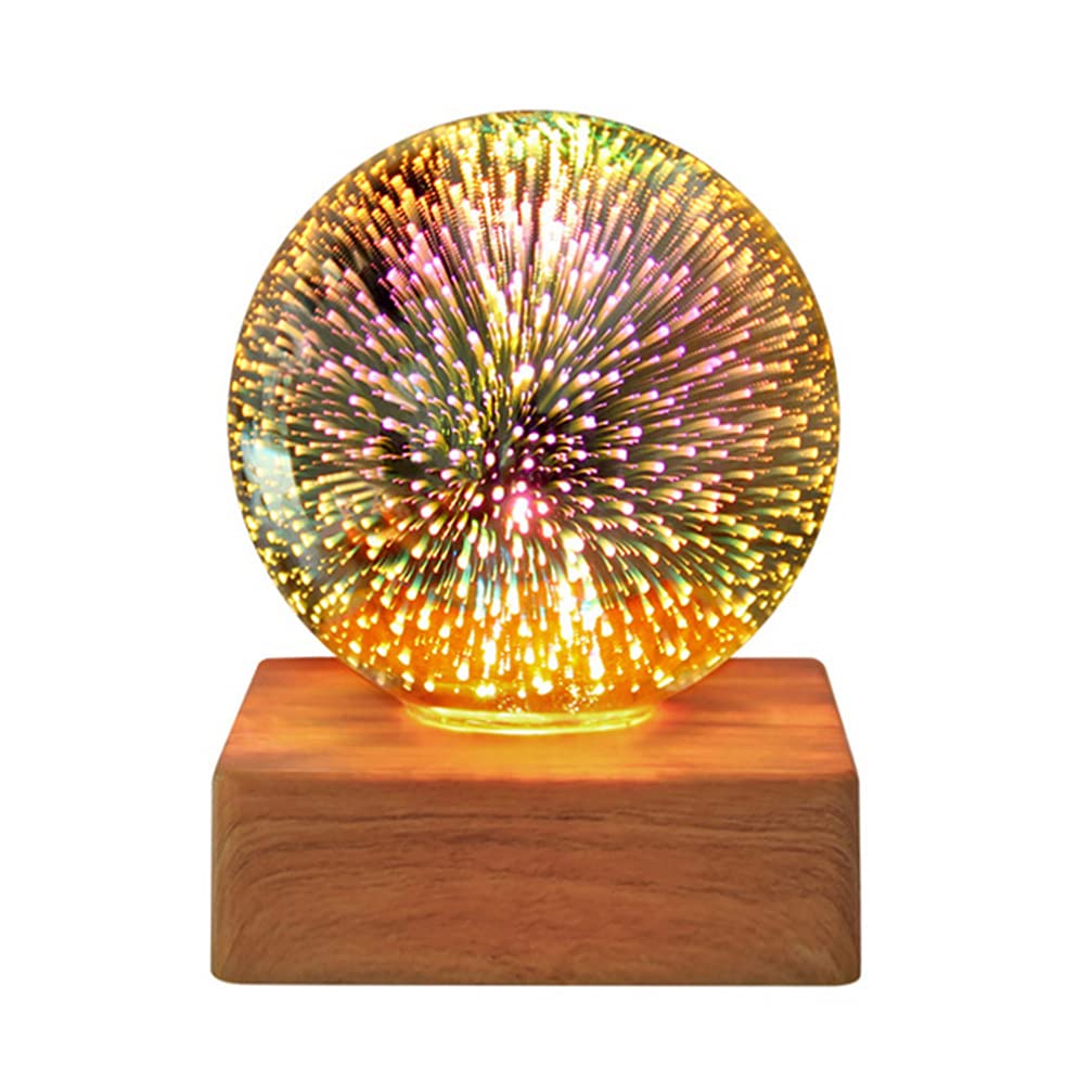 3D Colorful Glass Night Light USB Projector Lamp Globe Ball Crystal Glass Night Light Atmosphere Light with Wood Base for Home White