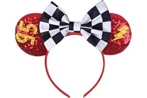 RAZKO Sequin Cars Minnie Ears Bow Headband, Glitter Red Cars Lightning Mouse Ears Headband,Park ears Princess mini ears for Women girls kids adults(Cars-95)