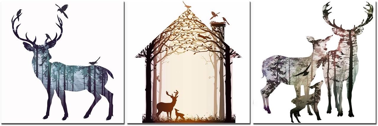 CUFUN Art - Cervus Davidianus Elk Silhouette Pictures Prints on Canvas Deer and Birds Home Entrance Wall Decoration (30x30cmx3pcs)
