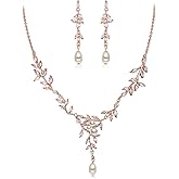 EVER FAITH Cubic Zirconia Bridal Jewelry Set for Wedding, Marquise CZ Simulated Pearl Vine Leaf Necklace Dangle Earrings Sets