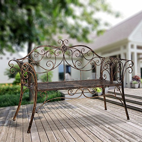 Gartenbank Metall Sitzbank mit Rückenlehne & Armlehne Eisenbank für 2-3 Sitzer Ruhebank Retro-Stil Bank für Garten Park Balkon (Bronze) – Bild 3