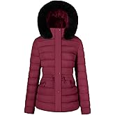 BodiLove Women's Winter Quilted Puffer Long Coat Jacket Plus Size with Removable Faux Fur Hood and Zipper Burgundy 1X
