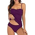 Shuangyu Women's Twist Front Bandeau Tankini Set Two Pieces Ruched Tummy Control Suimsuit with Mid Waist Briefs