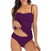 Shuangyu Women's Twist Front Bandeau Tankini Set Two Pieces Ruched Tummy Control Suimsuit with Mid Waist Briefs