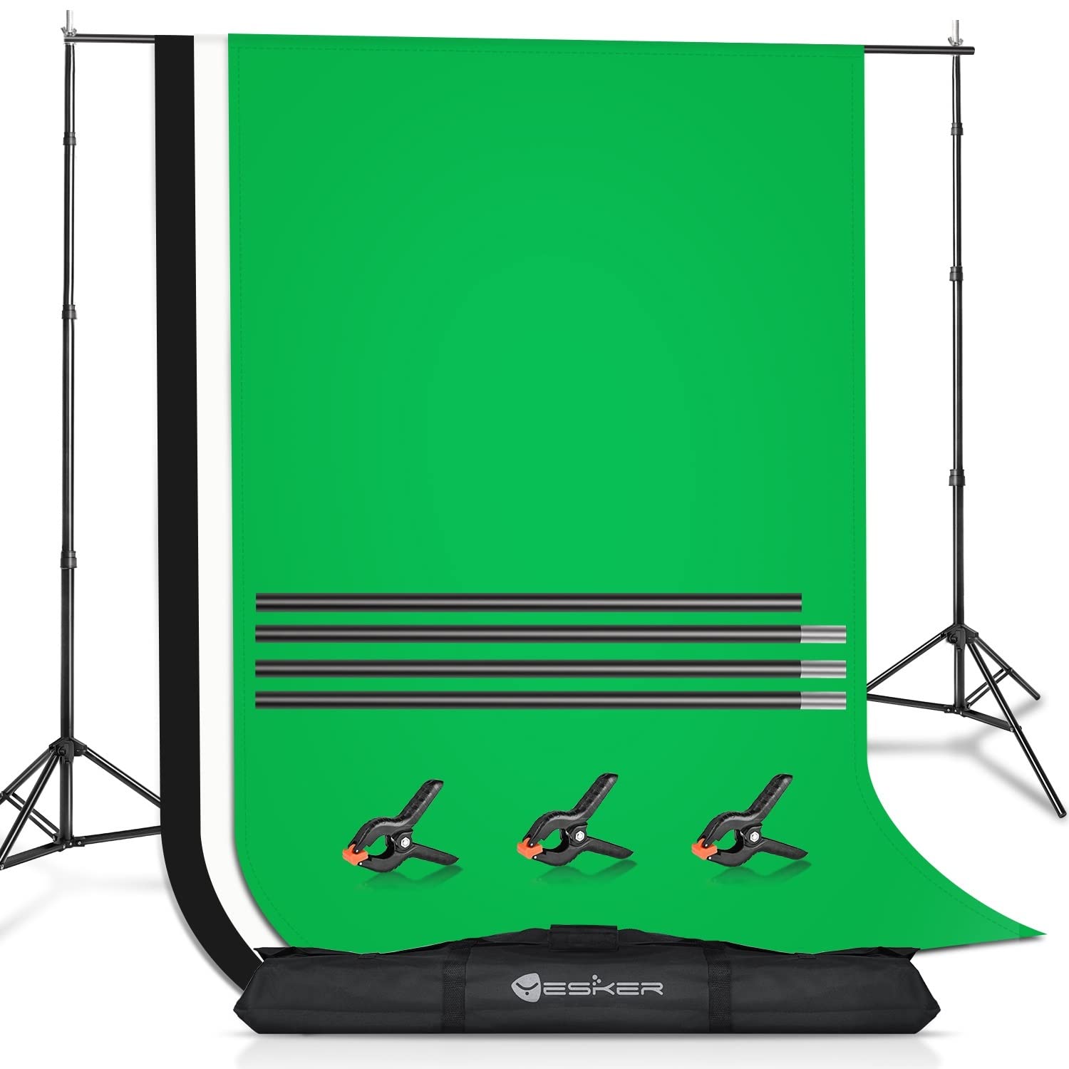 Yesker Backdrop Stand with Backdrop Kit 3 Muslin White Black Green Screen Backdrops 8.5x10 ft Background Stand Support System for Portrait,Product Photography and Video Shooting