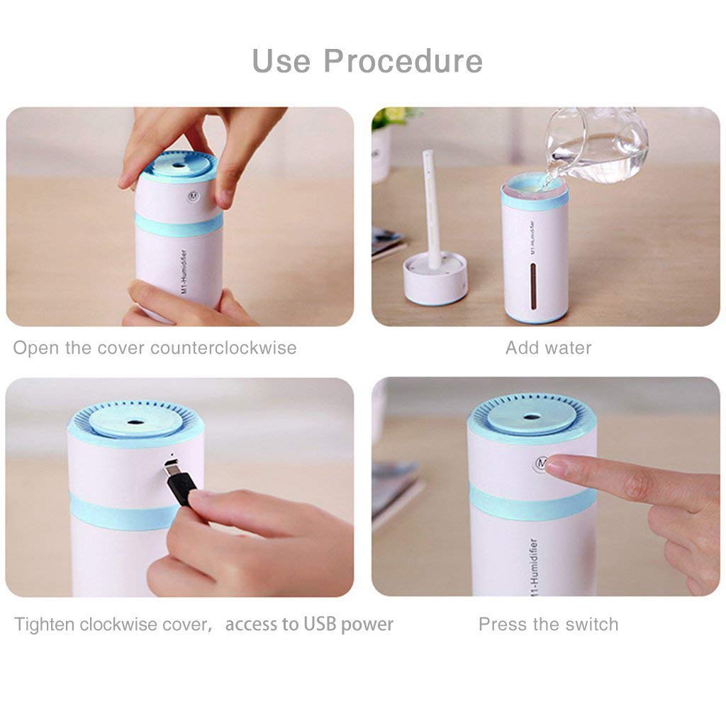 Steam humidifier 240ml, ultrasonic mini USB air humidifier evaporator mini portable portable humidifier, automatic off, bedroom office with led lights