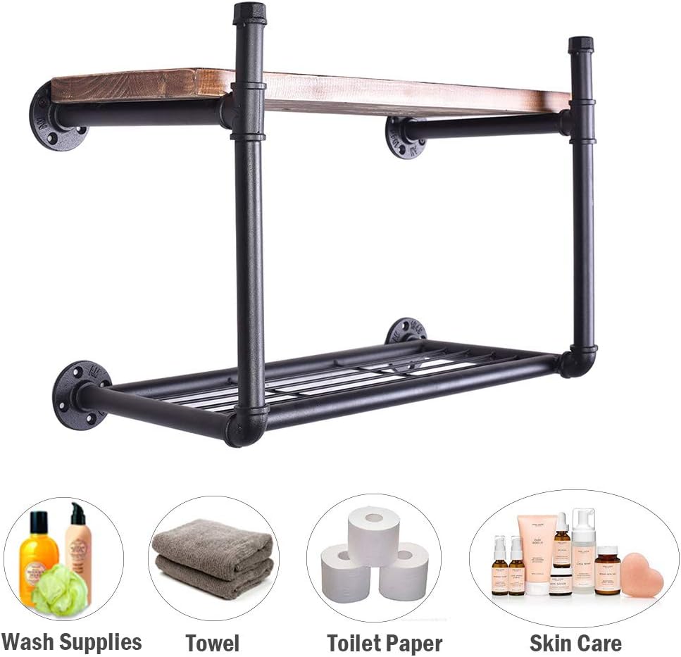 3/4" Industrial Pipe Wall Shelf Rustic Bathroom Bedroom Kitchen Shelving With Heavy Duty Storage Rack 24-Inch Wood (2 Tier)
