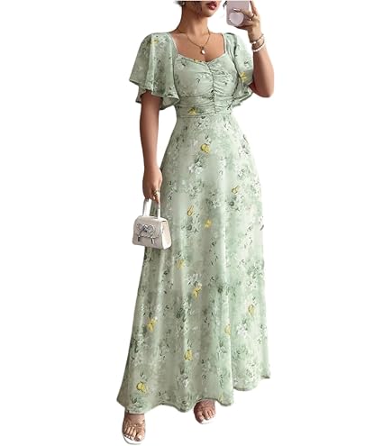 elegant summer dress chifon Womens Chiffon Puff Sleeve Floral Print Dresses Ruched Bust A Line Dress Boho Beach Maxi Flowy Dress（Light Green,Small） at Amazon Women's Clothing store Size:140 (Height 135–144 cm) Two Piece Prom Dress sheer chiffon look Romantic RTWdresses