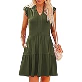 LUXVEER Womens Summer Casual Mini Dress Ruffle Sleeve V Neck Boho Sundress Flowy Babydoll Tiered Short Beach Vacation Dresses