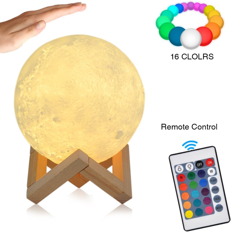 Full Moon Lamp,16 Colors 3D Moon Light with Remote Control,LED RGB Night Light,Touch Lamps Dimmable,USB Charging for Decoration & Christmas Gifts(15cm)