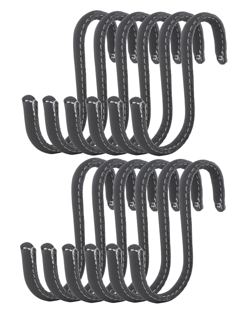 Brute Strength - S Shaped Hooks Wrapped in Full Grain Leather - 12 pcs - Grey - 10 cm Stainless Steel Metal Hangers Hanging Hooks for Kitchen, Work Shop, Bathroom