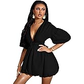 WDIRARA Women's Deep V Neck Puff Sleeve High Rise Flare Dress Elastic Waist Dress