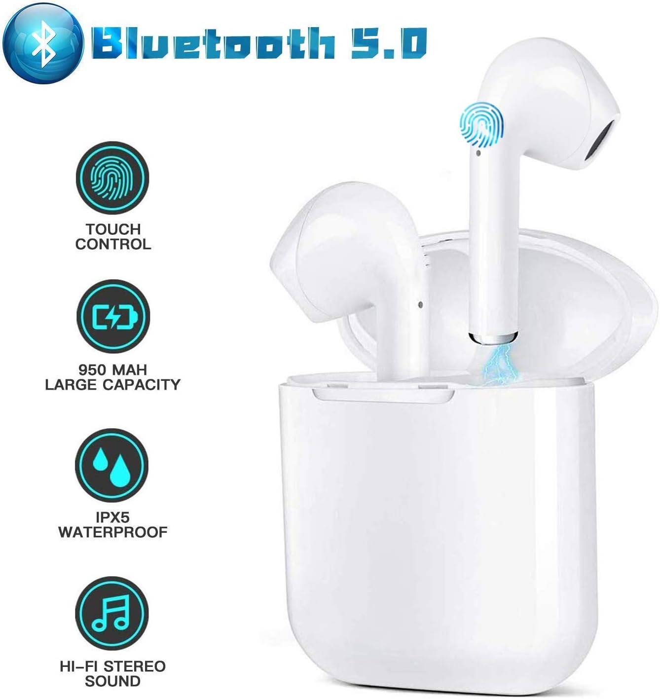 True Wireless Earbuds, Bluetooth 5.0 Wireless Headphones, Noise Canceling 3D Stereo Waterproof Sports Headset, Pop-ups Auto Pairing Headsets with Charging Case for All Bluetooth Devices