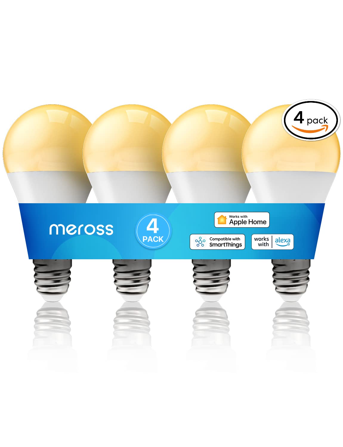 meross Smart Light Bulb, Dimmable Wi-Fi LED Bulb Compatible with Apple HomeKit, Siri, Alexa, SmartThings, A19 E26 Warm White 2700K, 810 Lumens 9W 60W Equivalent, No Hub Required, 4 Pack