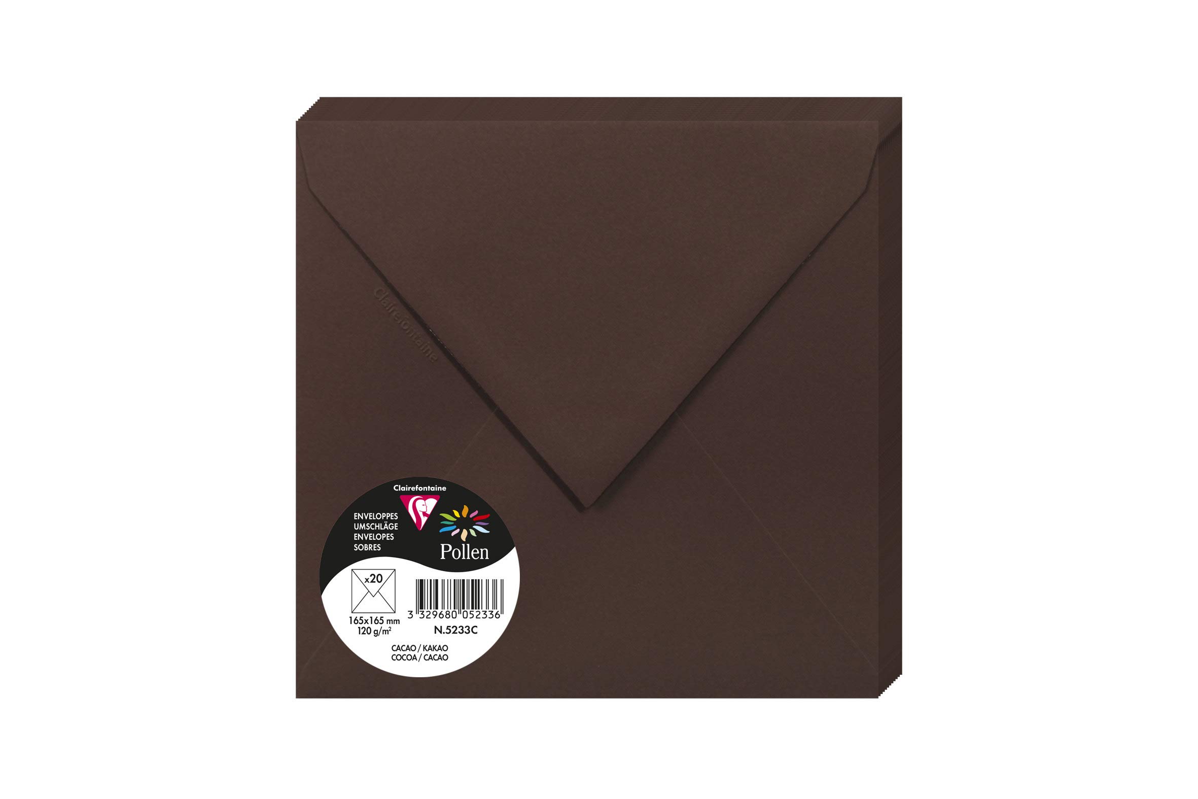 Clairefontaine 5233C Pack of 20 Gummed Envelopes Square Format 16.5x16.5cm 120g/m² Cocoa Colour Invitation Events Correspondence Pollen Range Premium Paper — image 1