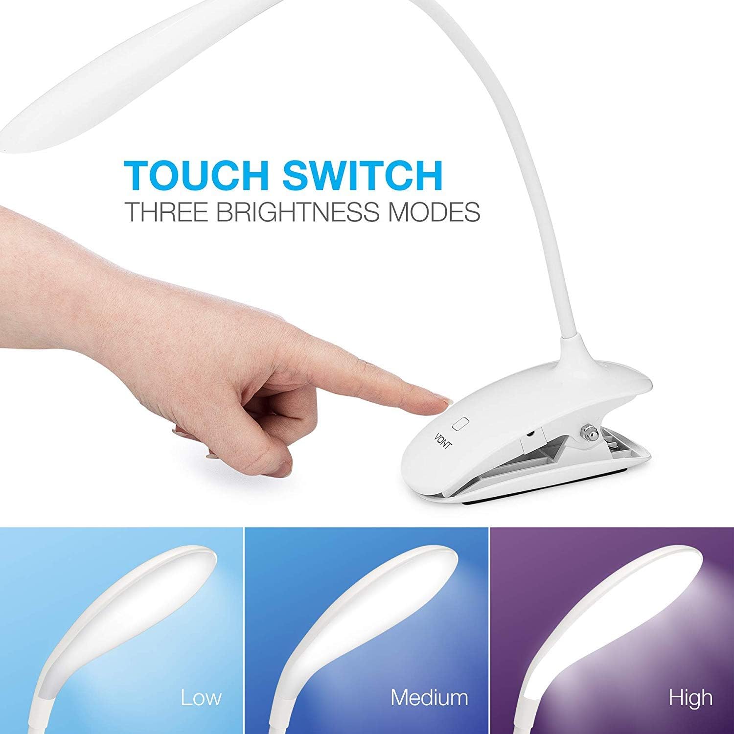 LED Clip On Reading Light, Book Light, 16 Individual Eye Protection LEDs, 3 Brightness Levels, USB Rechargeable, Reading Lamp with Slick Touch Control, Perfect for Reading in Bed - Vont: Home Improvement