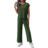 BestWendding Womens 2 Pieces Lounge Sets Knit Sweater Sets Casual Cap Sleeve Tops with Wide Leg Pants Tracksuits