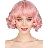 KiyaCos Short Curly Wavy Layered Harajuku Adult Women Cosplay Wigs Costume Hair Pastel Pink