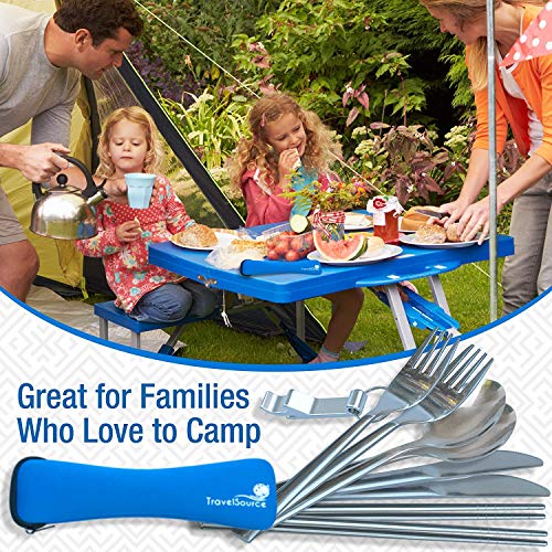 TravelSource 2Person StainlessSteel Camping Eating Utensils Set Portable Mess Kit + Case