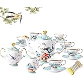 ACMLIFE Fine Bone China Tea Set with Teapot, Porcelain Tea Sets for Adults, 21-Piece Vintage Tea Set for 6, 24K Gold Blue English Floral Bone China Tea Sets for Women Tea Party for Gifts