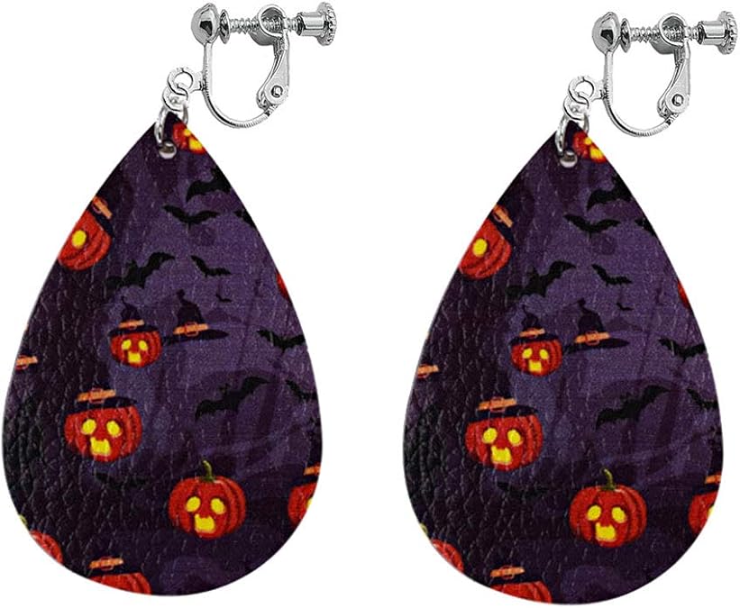 Clip On Earrings Faux Leather Halloween Earrings Teardrop Drop Ghost