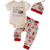 CREAIRY 3Pcs Newborn Baby Boy Clothes Is It Too Soon To Ask For A Fire Truck Short Sleeve Romper Pants Set Firefighter Outfit